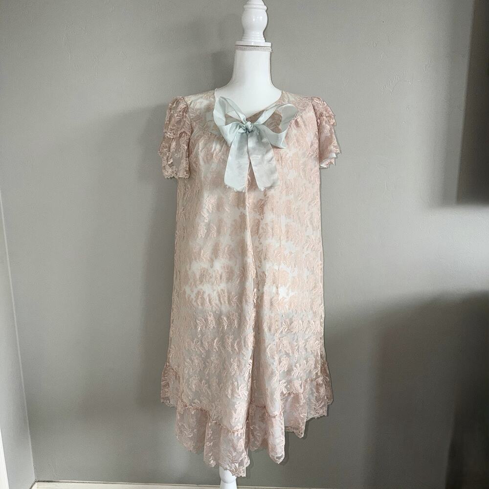 Vintage Bullock’s Wilshire Negligees Peignoir Bow Nightgown Pink Lace Women’s